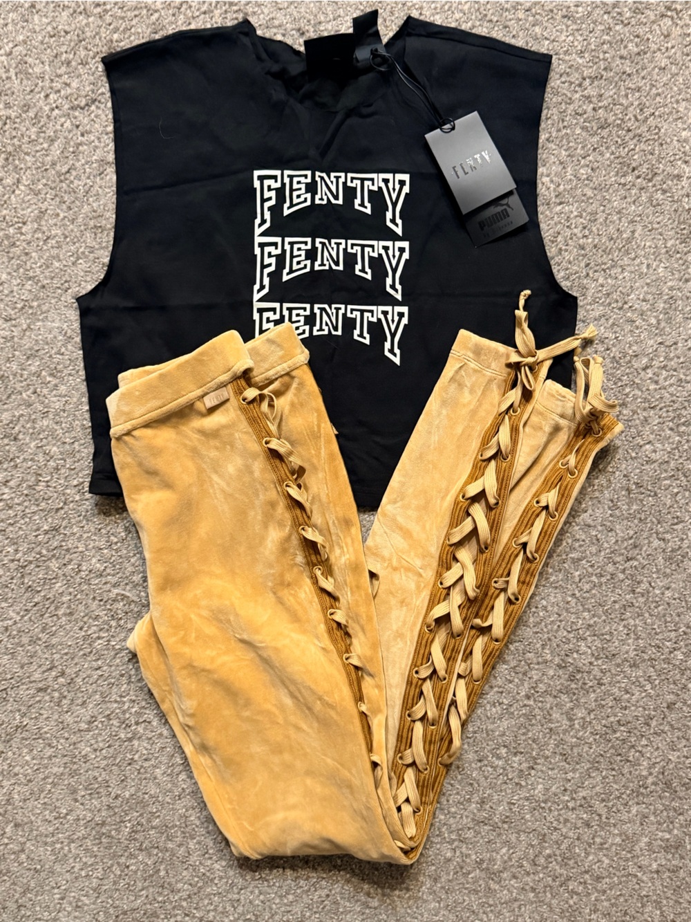 Fenty Beauty Black Logo Tee with Mustard Lace-Up Pants